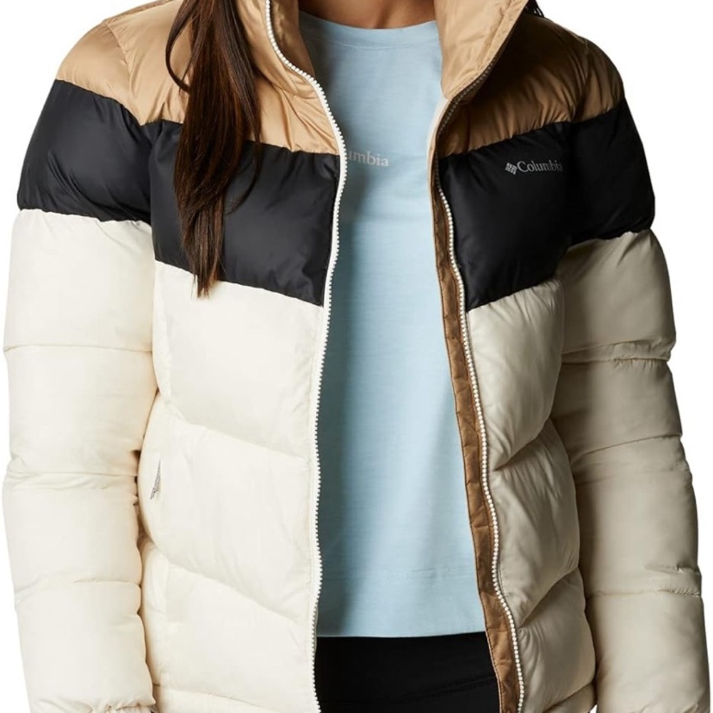 Columbia Cream and Black Puffer Jacket with Quilted Texture and High Collar